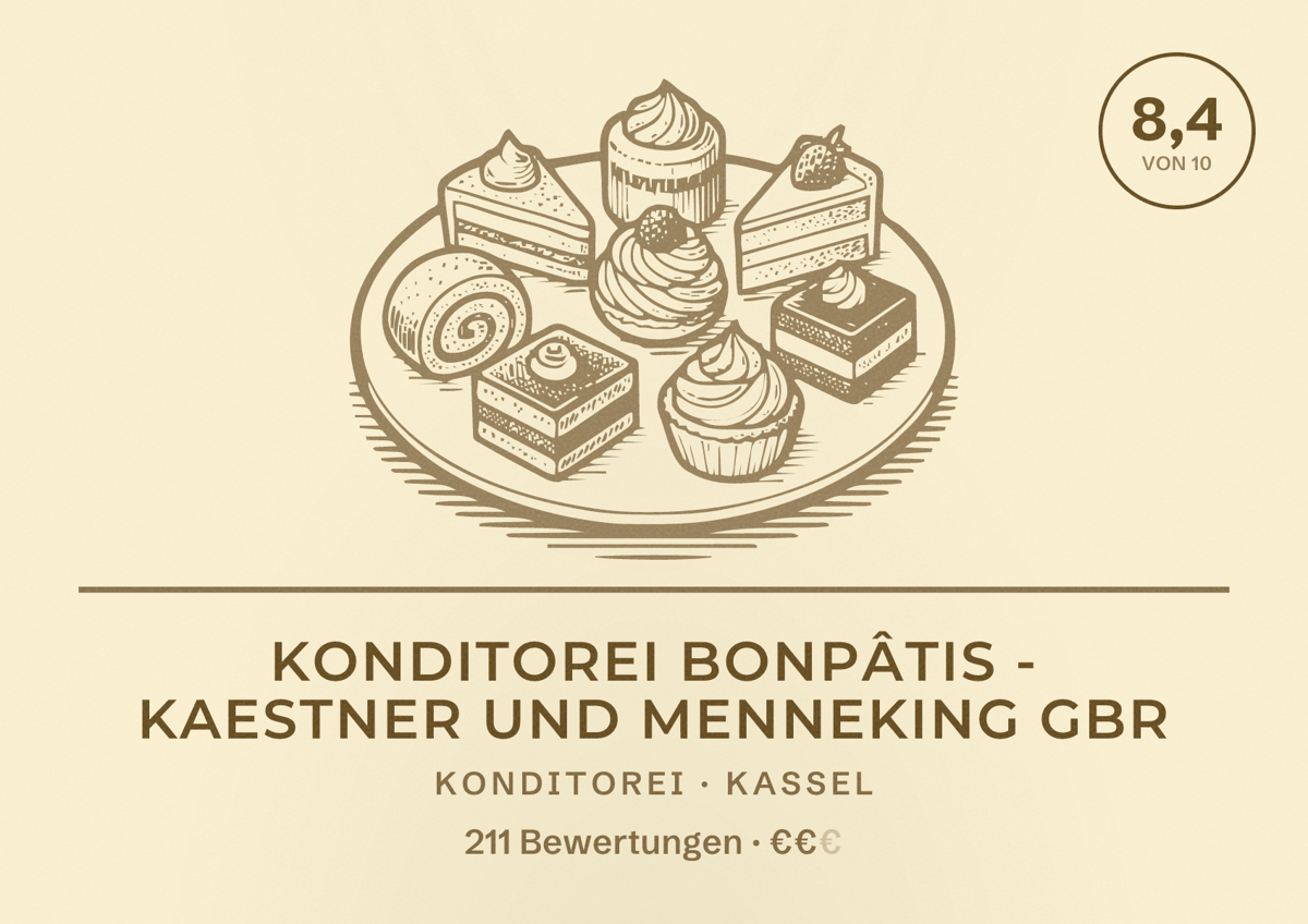 Illustriertes Poster von Konditorei Bonpâtis - Kaestner und Menneking GbR, Konditorei in Kassel: Bewertung 8,4 von 10 aus 211 Bewertungen, Preisniveau €€