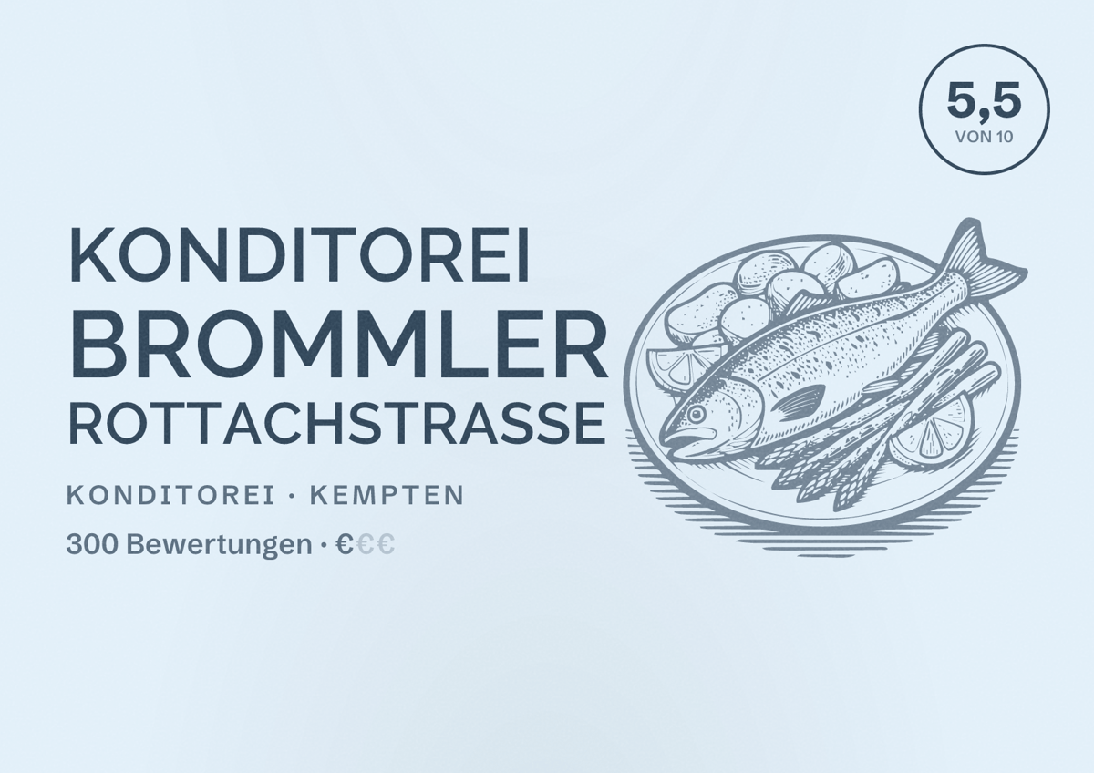 Illustriertes Poster von Konditorei Brommler Rottachstraße, Konditorei in Kempten: Bewertung 5,5 von 10 aus 300 Bewertungen, Preisniveau €