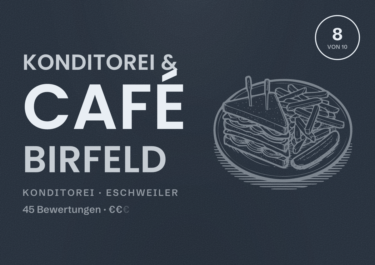 Illustriertes Poster von Konditorei & Café Birfeld, Konditorei in Eschweiler: Bewertung 8 von 10 aus 45 Bewertungen, Preisniveau €€