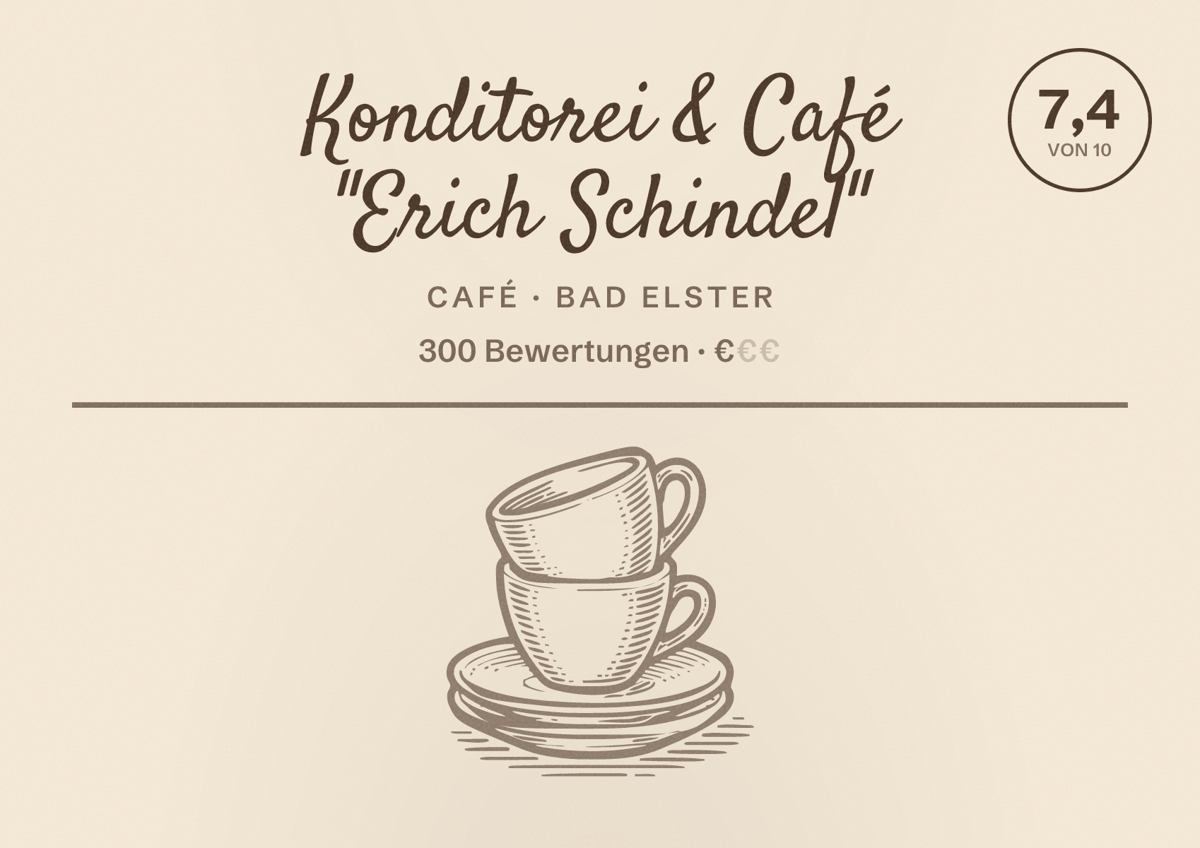 Illustriertes Poster von Konditorei & Café "Erich Schindel", Café in Bad Elster: Bewertung 7,4 von 10 aus 300 Bewertungen, Preisniveau €