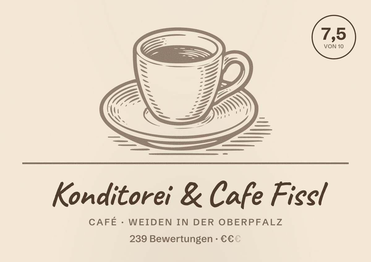 Illustriertes Poster von Konditorei & Cafe Fissl, Café in Weiden in der Oberpfalz: Bewertung 7,5 von 10 aus 239 Bewertungen, Preisniveau €€