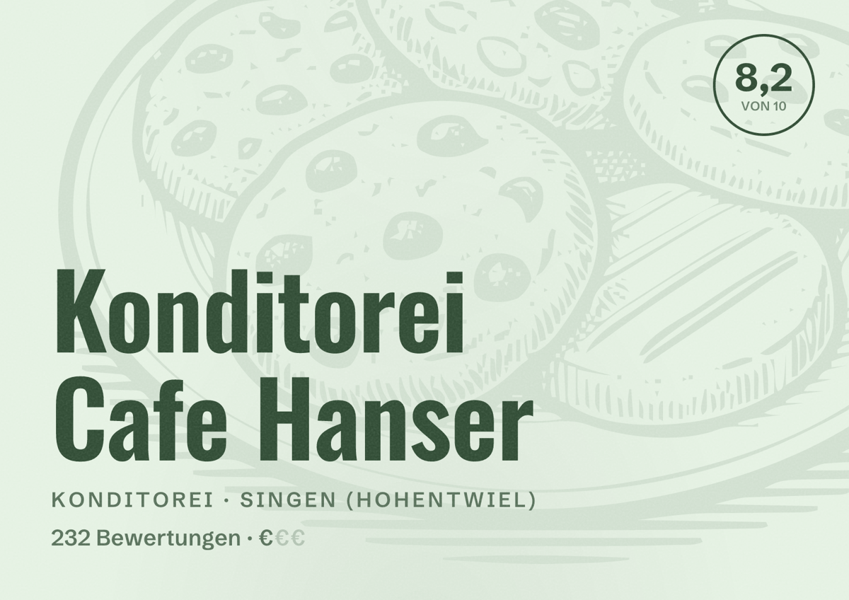 Illustriertes Poster von Konditorei Cafe Hanser, Konditorei in Singen (Hohentwiel): Bewertung 8,2 von 10 aus 232 Bewertungen, Preisniveau €