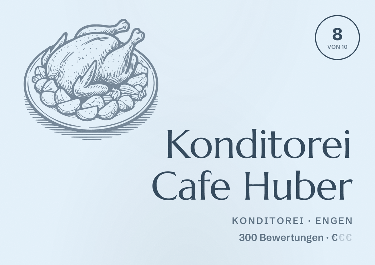 Illustriertes Poster von Konditorei Cafe Huber, Konditorei in Engen: Bewertung 8 von 10 aus 300 Bewertungen, Preisniveau €