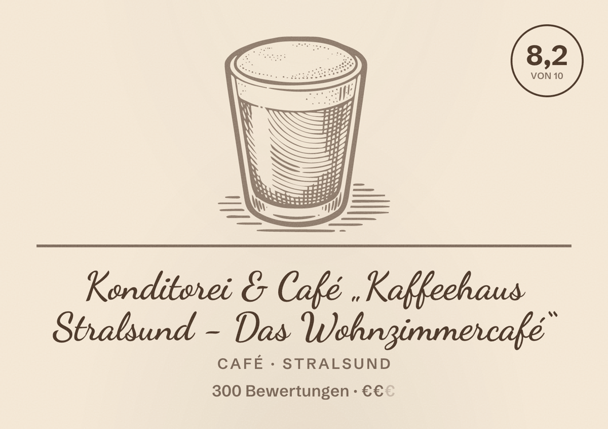 Illustriertes Poster von Konditorei & Café „Kaffeehaus Stralsund - Das Wohnzimmercafé“, Café in Stralsund: Bewertung 8,2 von 10 aus 300 Bewertungen, Preisniveau €€
