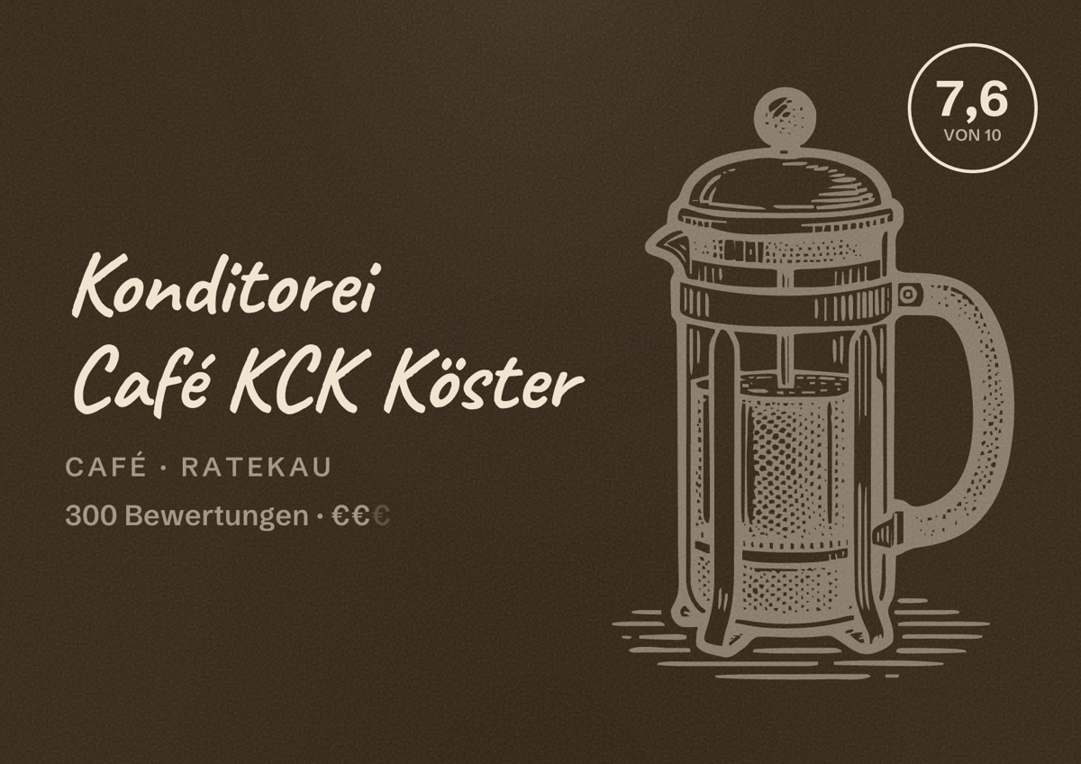 Illustriertes Poster von Konditorei Café KCK Köster, Café in Ratekau: Bewertung 7,6 von 10 aus 300 Bewertungen, Preisniveau €€