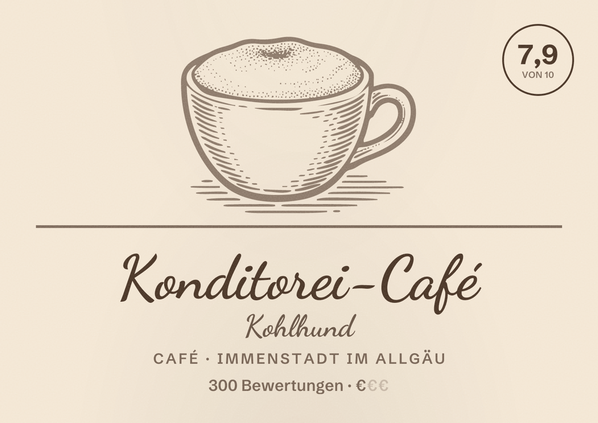 Illustriertes Poster von Konditorei-Café Kohlhund, Café in Immenstadt im Allgäu: Bewertung 7,9 von 10 aus 300 Bewertungen, Preisniveau €