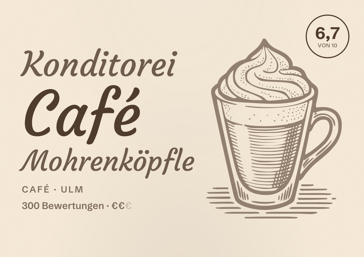 Illustriertes Poster von Konditorei Café Mohrenköpfle, Café in Ulm: Bewertung 6,7 von 10 aus 300 Bewertungen, Preisniveau €€