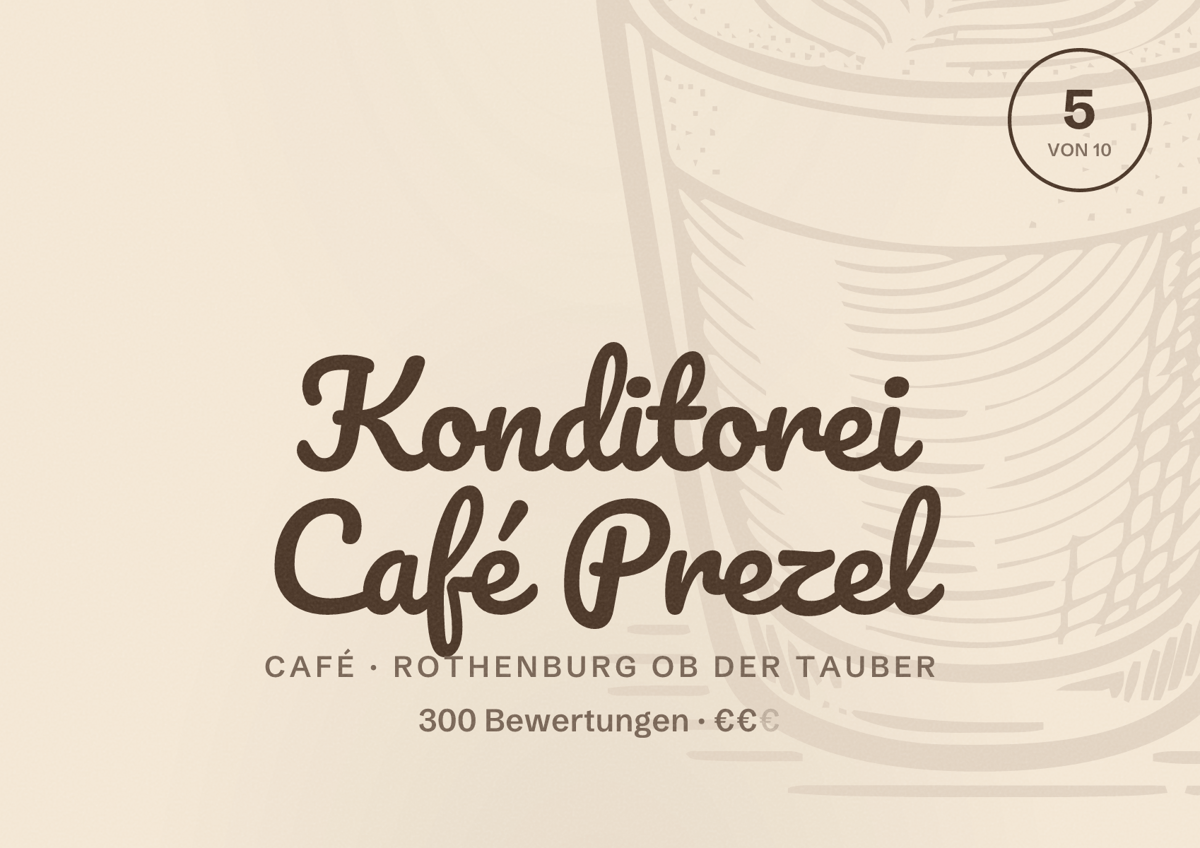 Illustriertes Poster von Konditorei Café Prezel, Café in Rothenburg ob der Tauber: Bewertung 5 von 10 aus 300 Bewertungen, Preisniveau €€