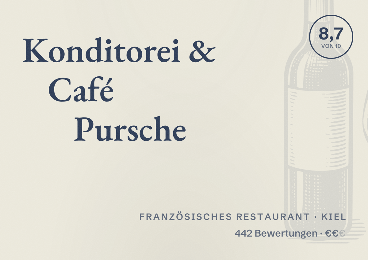 Illustriertes Poster von Konditorei & Café Pursche, Französisches Restaurant in Kiel: Bewertung 8,7 von 10 aus 442 Bewertungen, Preisniveau €€