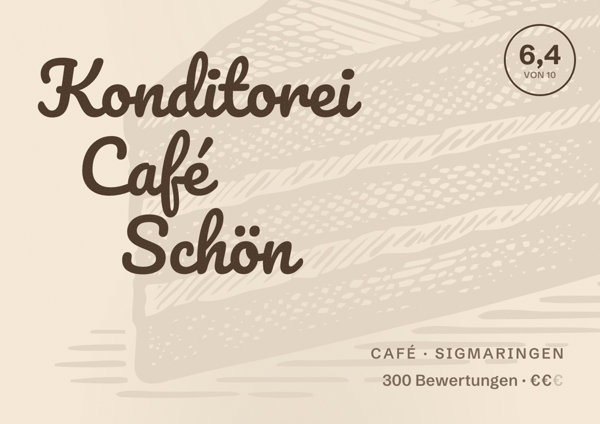 Illustriertes Poster von Konditorei Café Schön, Café in Sigmaringen: Bewertung 6,4 von 10 aus 300 Bewertungen, Preisniveau €€
