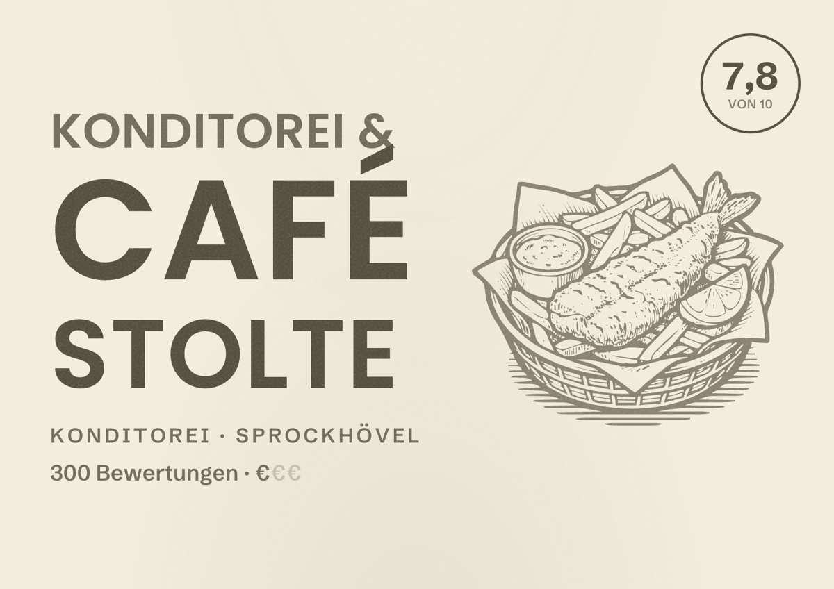 Illustriertes Poster von Konditorei & Café Stolte, Konditorei in Sprockhövel: Bewertung 7,8 von 10 aus 300 Bewertungen, Preisniveau €