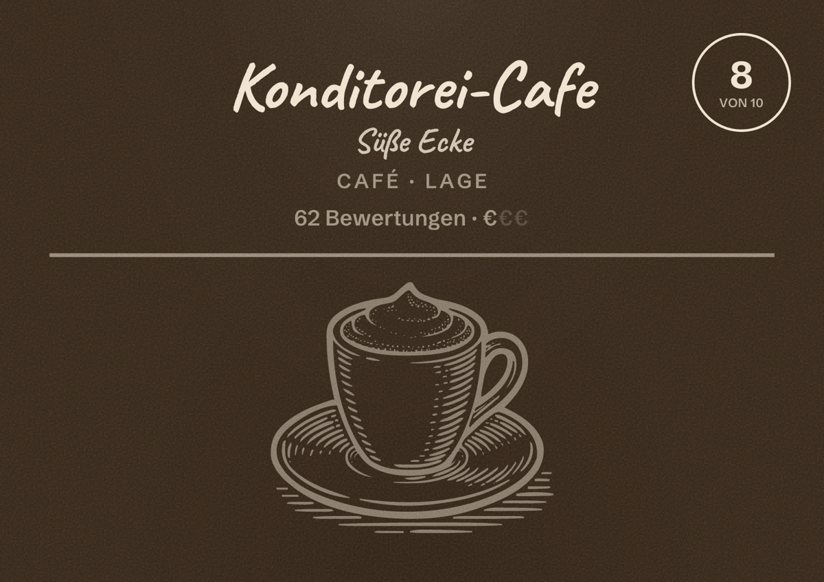 Illustriertes Poster von Konditorei-Cafe Süße Ecke, Café in Lage: Bewertung 8 von 10 aus 62 Bewertungen, Preisniveau €