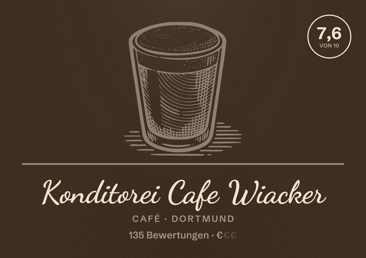 Illustriertes Poster von Konditorei Cafe Wiacker, Café in Dortmund: Bewertung 7,6 von 10 aus 135 Bewertungen, Preisniveau €