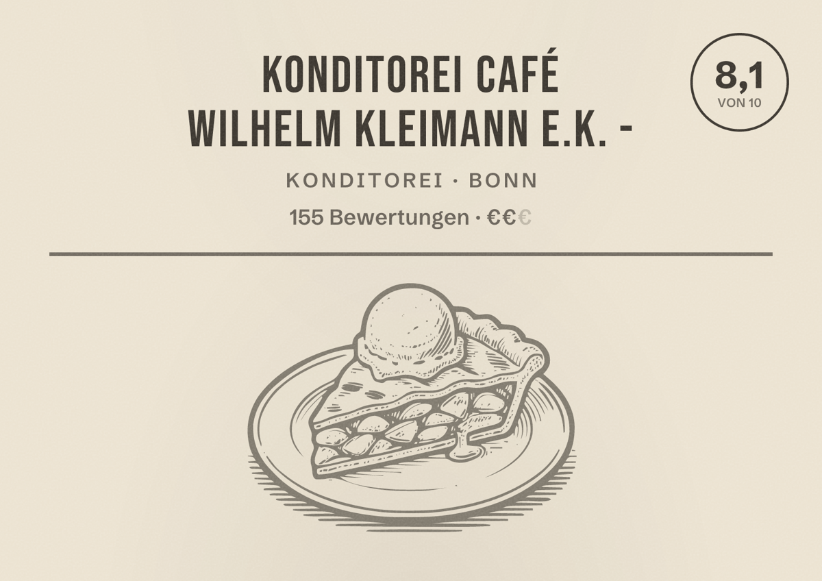 Illustriertes Poster von Konditorei Café Wilhelm Kleimann e.K. -, Konditorei in Bonn: Bewertung 8,1 von 10 aus 155 Bewertungen, Preisniveau €€