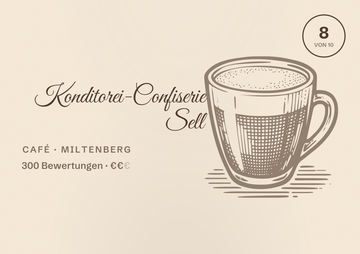 Illustriertes Poster von Konditorei-Confiserie Sell, Café in Miltenberg: Bewertung 8 von 10 aus 300 Bewertungen, Preisniveau €€