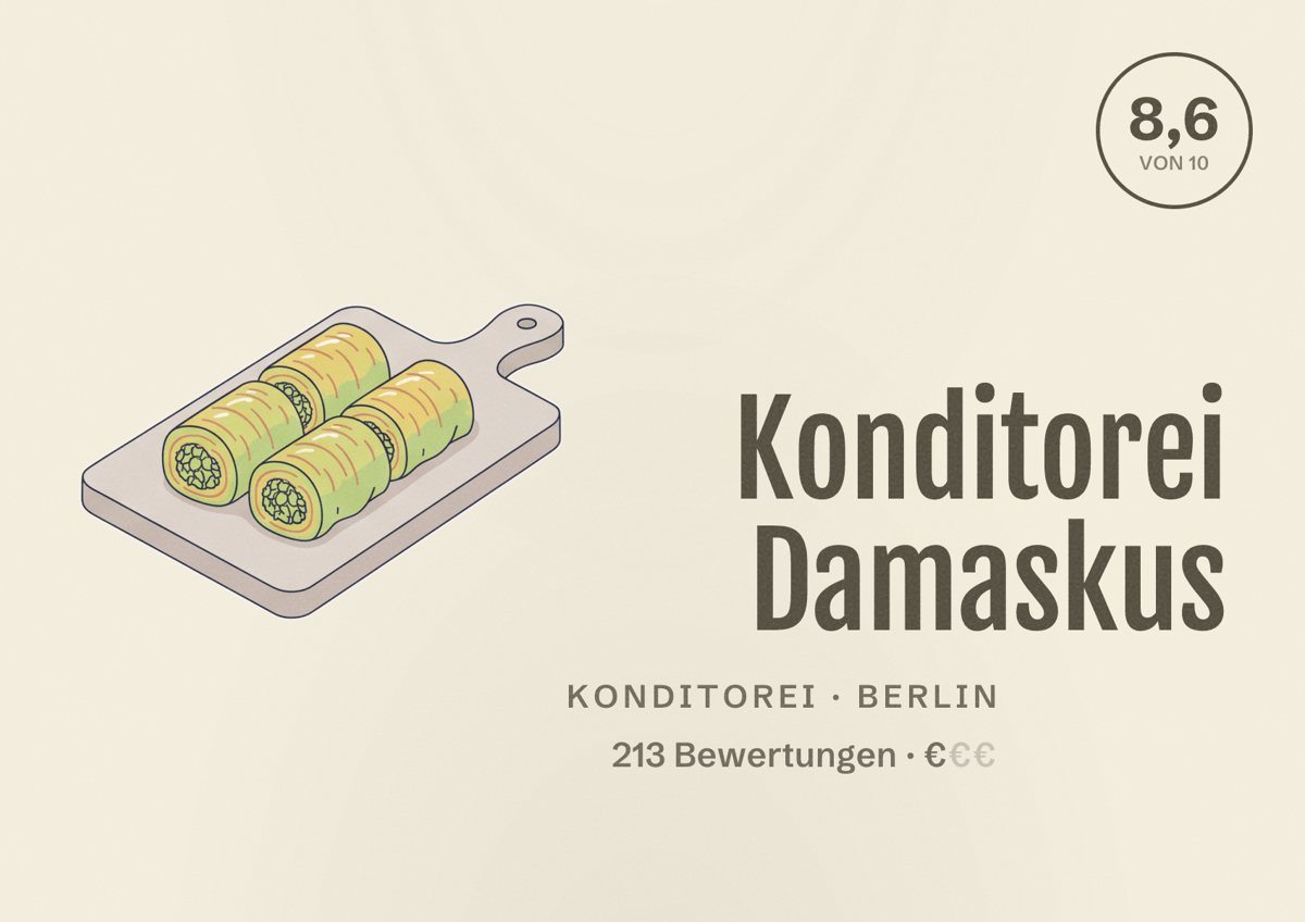 Illustriertes Poster von Konditorei Damaskus, Konditorei in Berlin: Bewertung 8,6 von 10 aus 213 Bewertungen, Preisniveau €