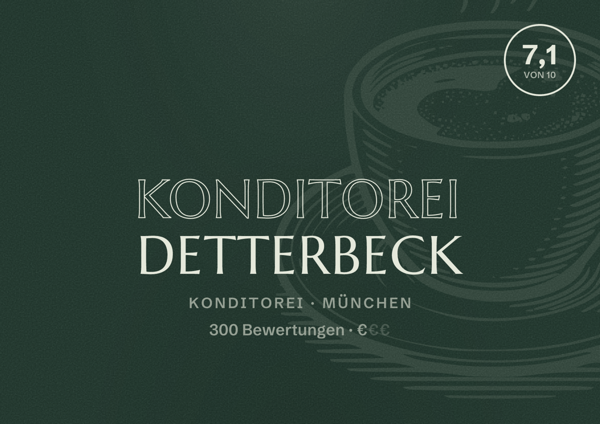 Illustriertes Poster von Konditorei Detterbeck, Konditorei in München: Bewertung 7,1 von 10 aus 300 Bewertungen, Preisniveau €