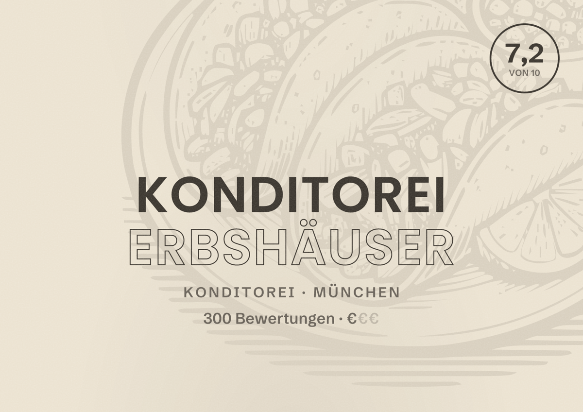 Illustriertes Poster von Konditorei Erbshäuser, Konditorei in München: Bewertung 7,2 von 10 aus 300 Bewertungen, Preisniveau €