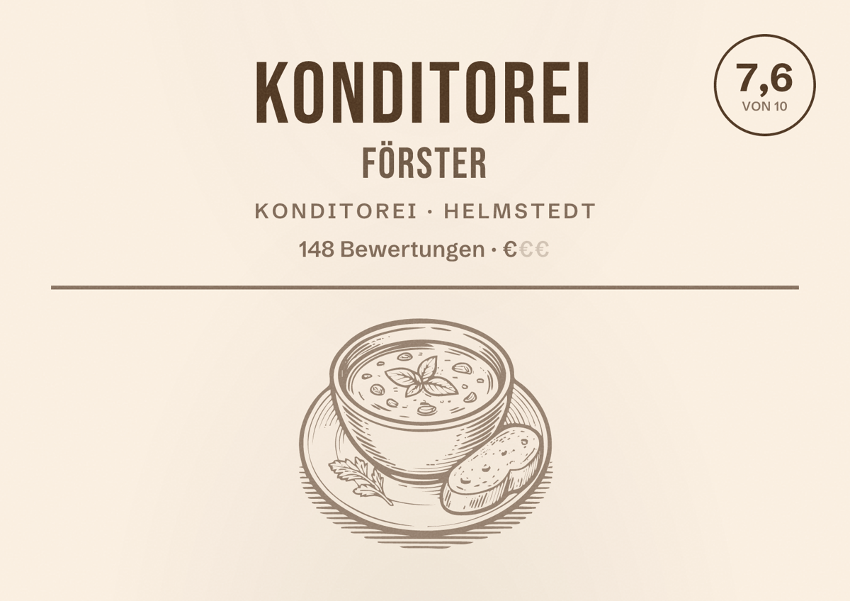 Illustriertes Poster von Konditorei Förster, Konditorei in Helmstedt: Bewertung 7,6 von 10 aus 148 Bewertungen, Preisniveau €