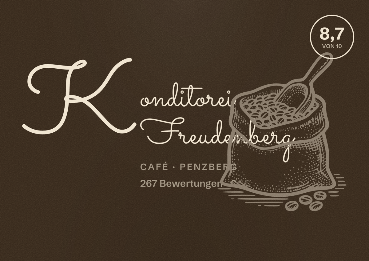 Illustriertes Poster von Konditorei Freudenberg, Café in Penzberg: Bewertung 8,7 von 10 aus 267 Bewertungen, Preisniveau €