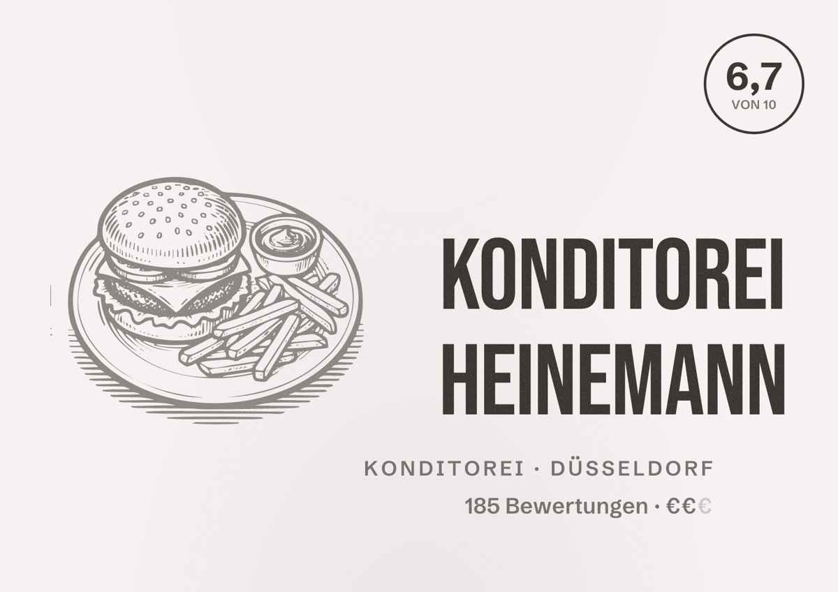 Illustriertes Poster von Konditorei Heinemann, Konditorei in Düsseldorf: Bewertung 6,7 von 10 aus 185 Bewertungen, Preisniveau €€