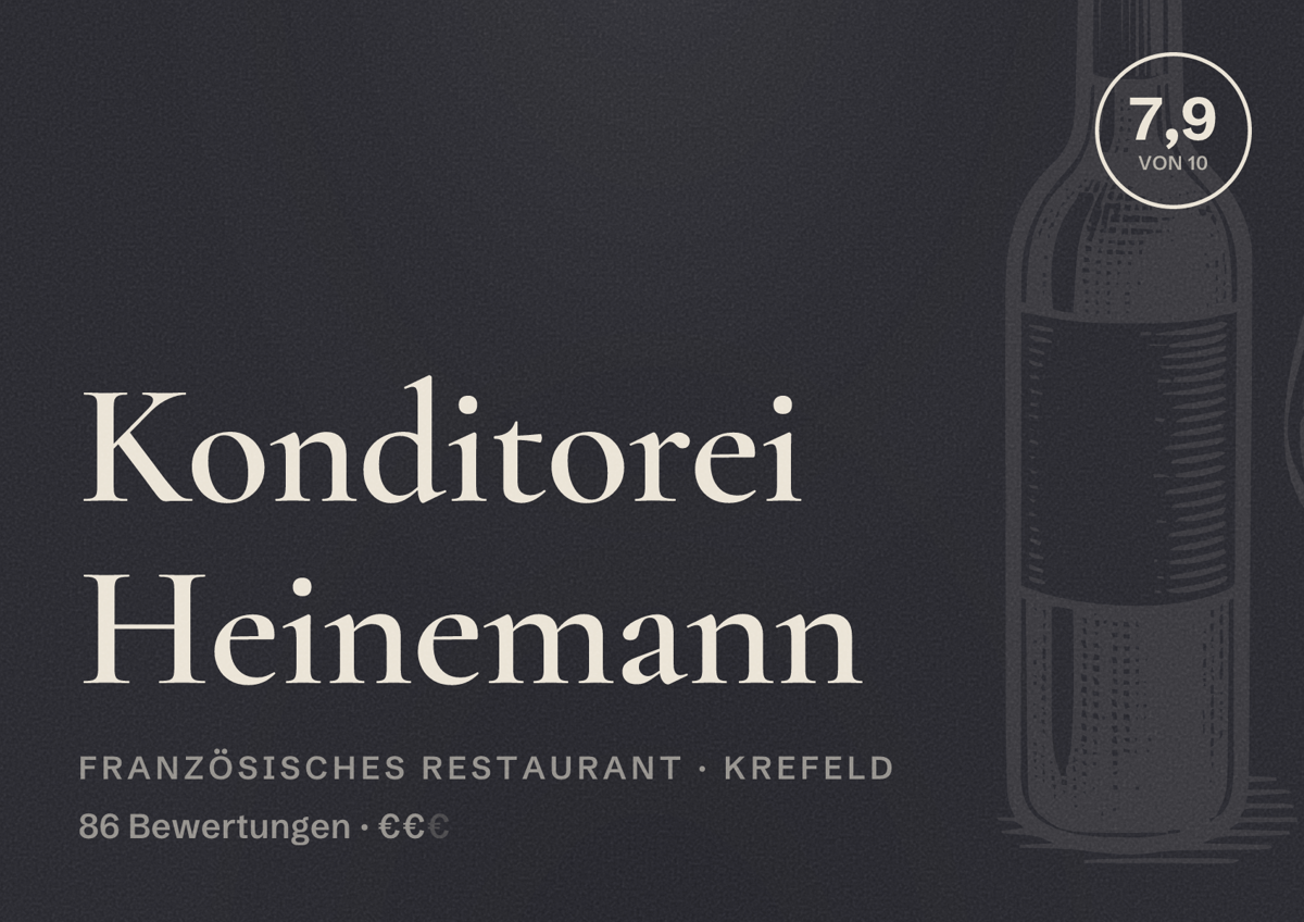 Illustriertes Poster von Konditorei Heinemann, Französisches Restaurant in Krefeld: Bewertung 7,9 von 10 aus 86 Bewertungen, Preisniveau €€