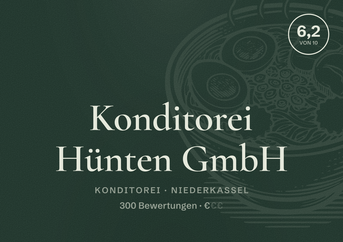 Illustriertes Poster von Konditorei Hünten GmbH, Konditorei in Niederkassel: Bewertung 6,2 von 10 aus 300 Bewertungen, Preisniveau €