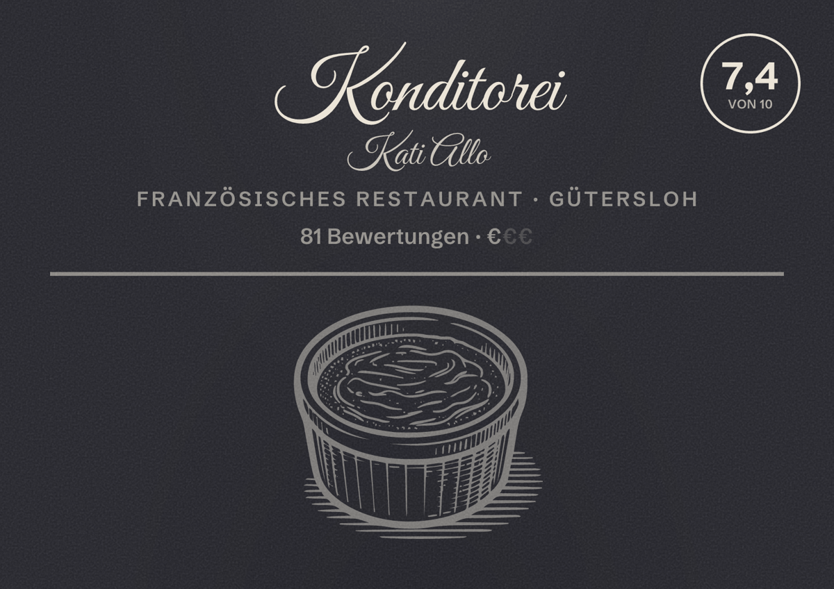 Illustriertes Poster von Konditorei Kati Allo, Französisches Restaurant in Gütersloh: Bewertung 7,4 von 10 aus 81 Bewertungen, Preisniveau €