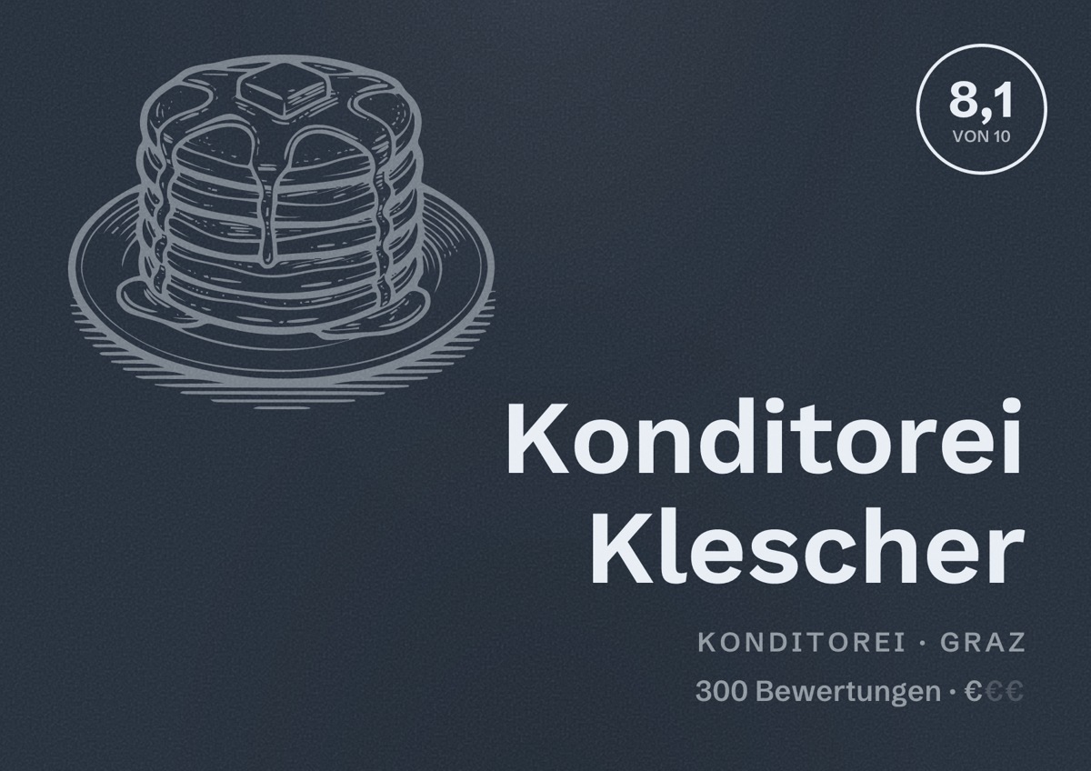 Illustriertes Poster von Konditorei Klescher, Konditorei in Graz: Bewertung 8,1 von 10 aus 300 Bewertungen, Preisniveau €