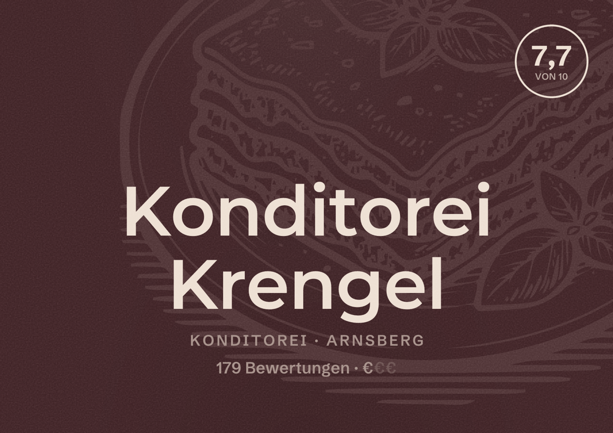 Illustriertes Poster von Konditorei Krengel, Konditorei in Arnsberg: Bewertung 7,7 von 10 aus 179 Bewertungen, Preisniveau €