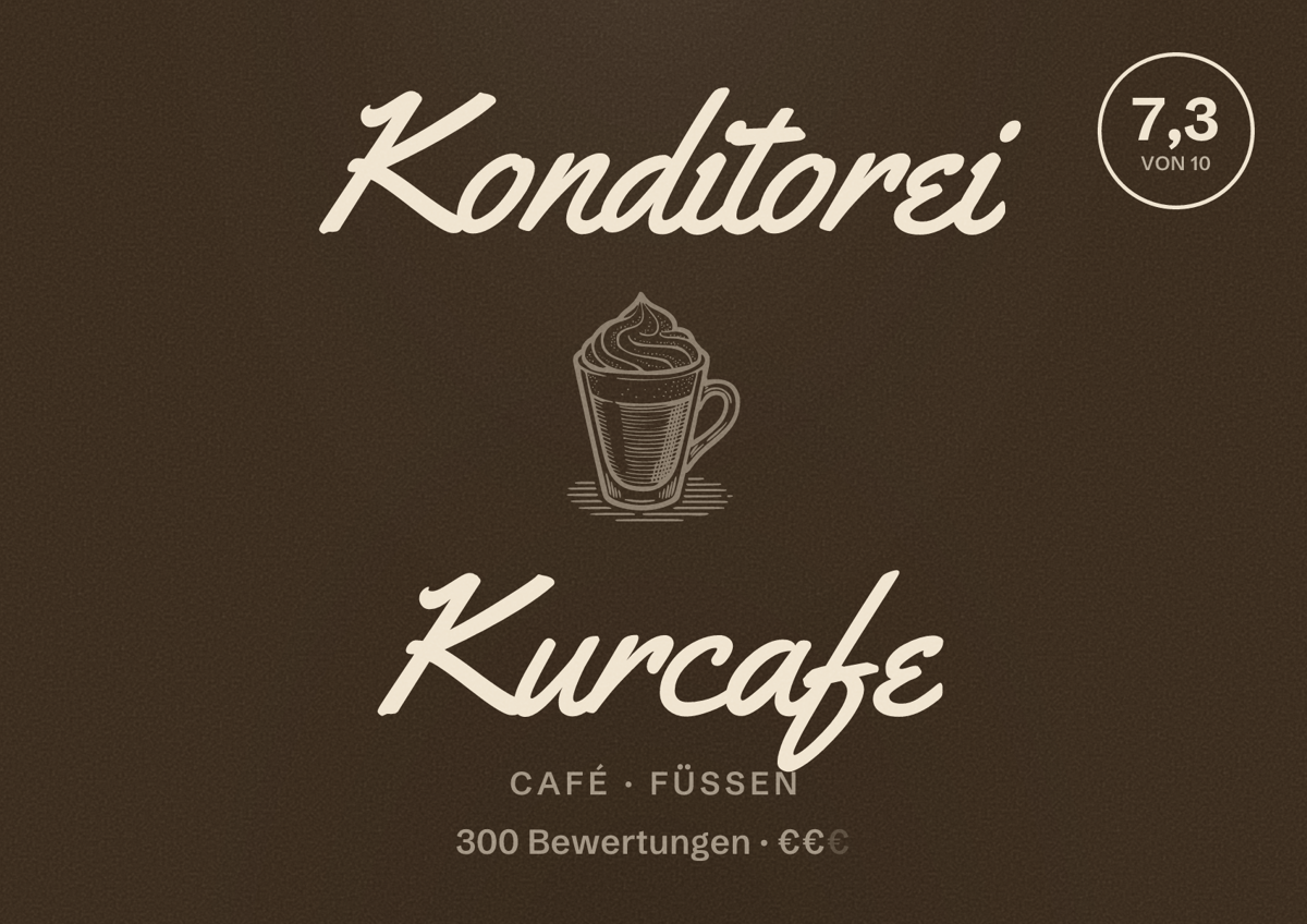 Illustriertes Poster von Konditorei Kurcafe, Café in Füssen: Bewertung 7,3 von 10 aus 300 Bewertungen, Preisniveau €€