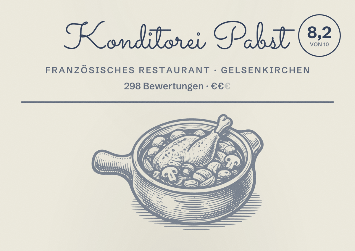Illustriertes Poster von Konditorei Pabst, Französisches Restaurant in Gelsenkirchen: Bewertung 8,2 von 10 aus 298 Bewertungen, Preisniveau €€