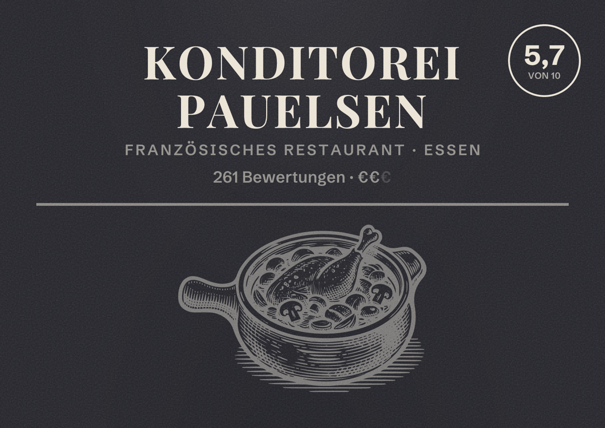 Illustriertes Poster von Konditorei Pauelsen, Französisches Restaurant in Essen: Bewertung 5,7 von 10 aus 261 Bewertungen, Preisniveau €€
