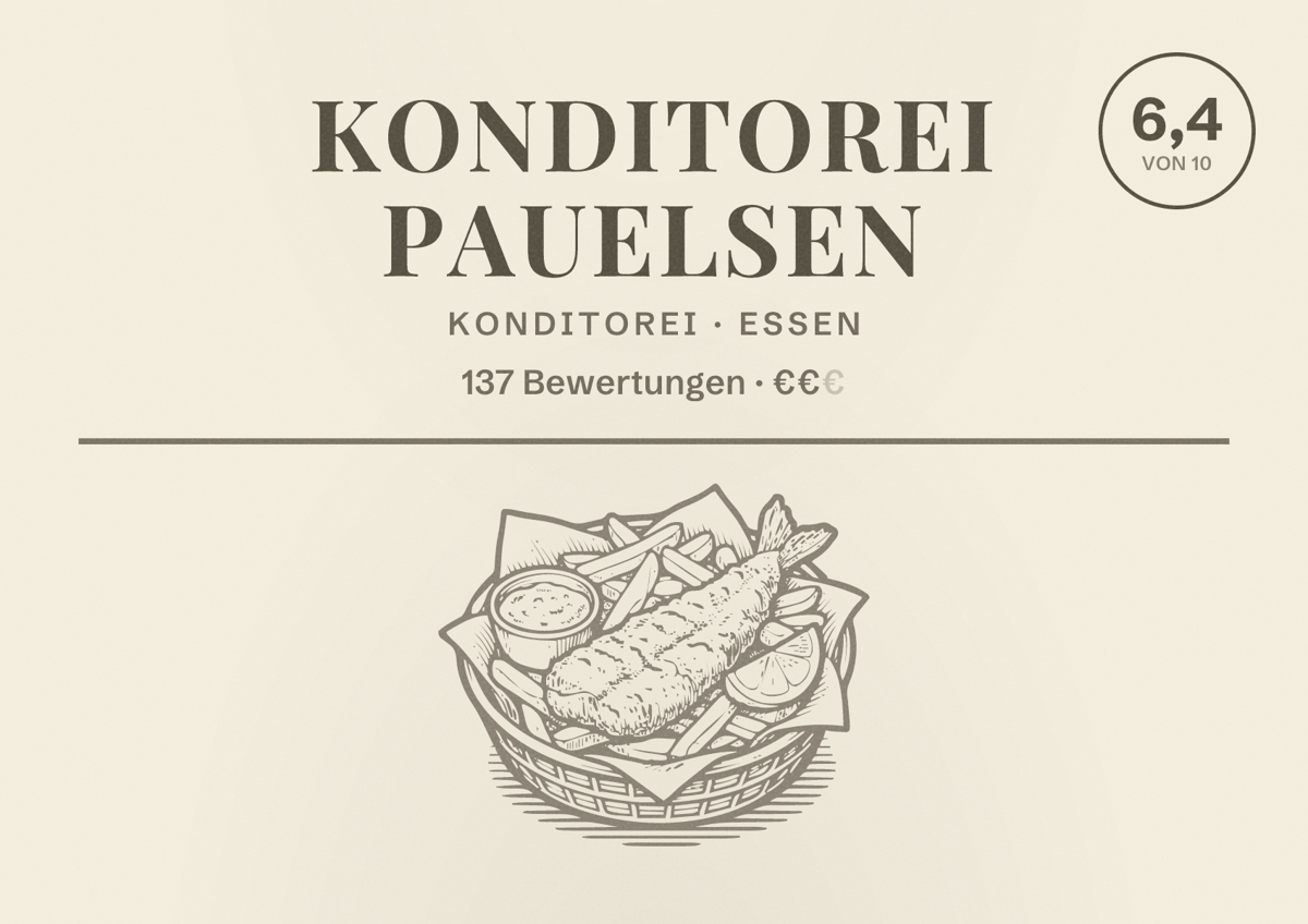 Illustriertes Poster von Konditorei Pauelsen, Konditorei in Essen: Bewertung 6,4 von 10 aus 137 Bewertungen, Preisniveau €€