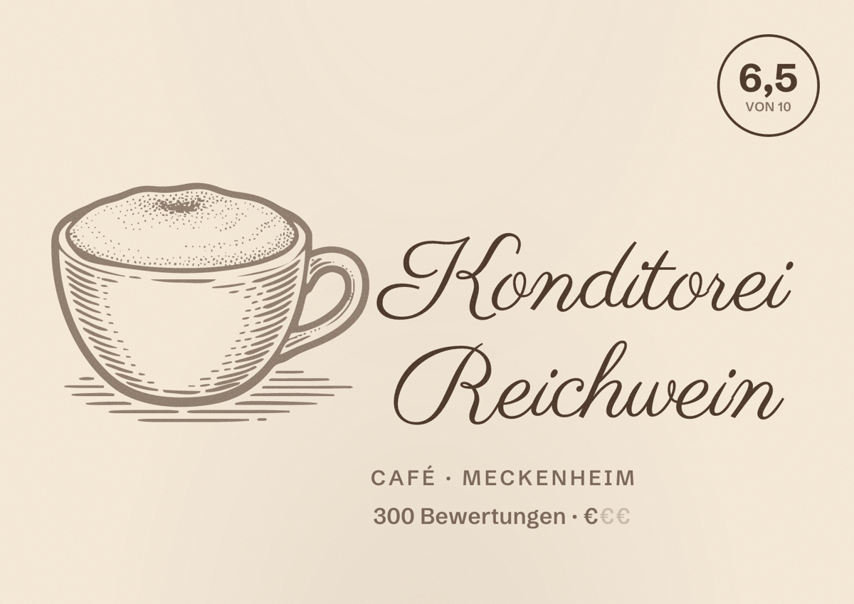 Illustriertes Poster von Konditorei Reichwein, Café in Meckenheim: Bewertung 6,5 von 10 aus 300 Bewertungen, Preisniveau €