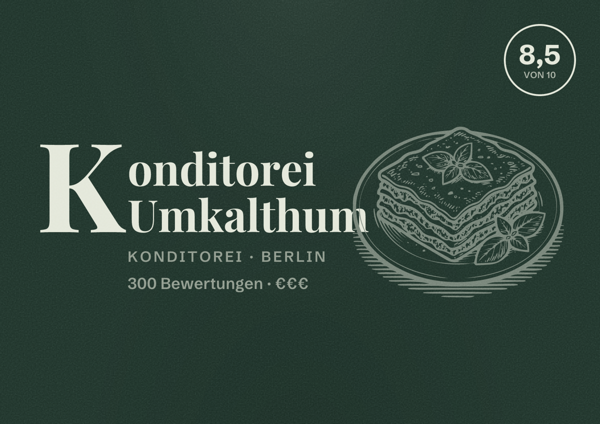 Illustriertes Poster von Konditorei Umkalthum, Konditorei in Berlin: Bewertung 8,5 von 10 aus 300 Bewertungen, Preisniveau €€€