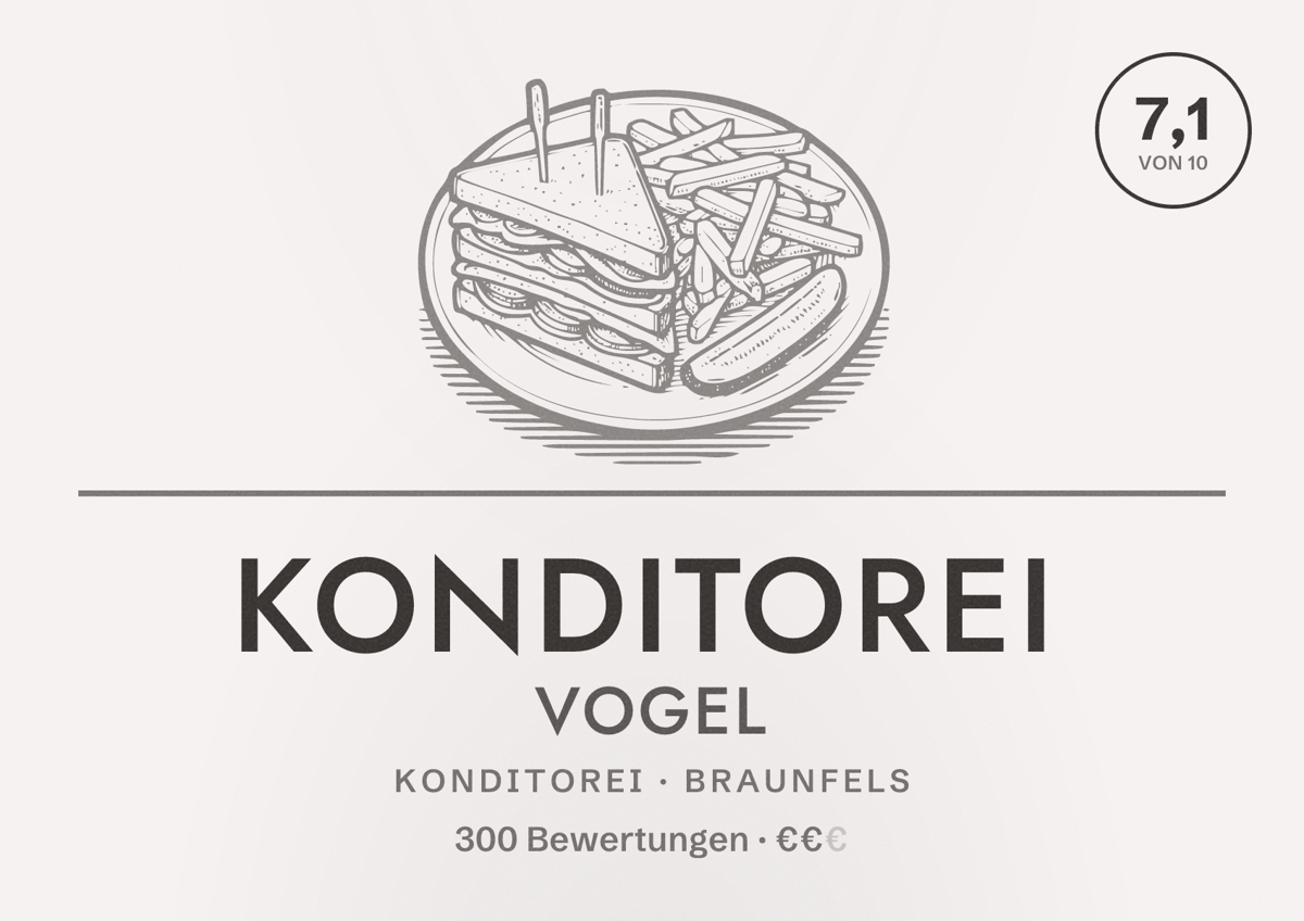 Illustriertes Poster von Konditorei Vogel, Konditorei in Braunfels: Bewertung 7,1 von 10 aus 300 Bewertungen, Preisniveau €€