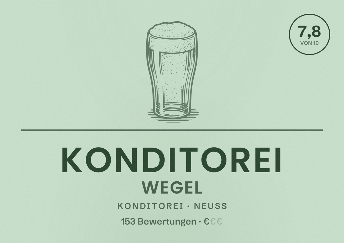 Illustriertes Poster von Konditorei Wegel, Konditorei in Neuss: Bewertung 7,8 von 10 aus 153 Bewertungen, Preisniveau €