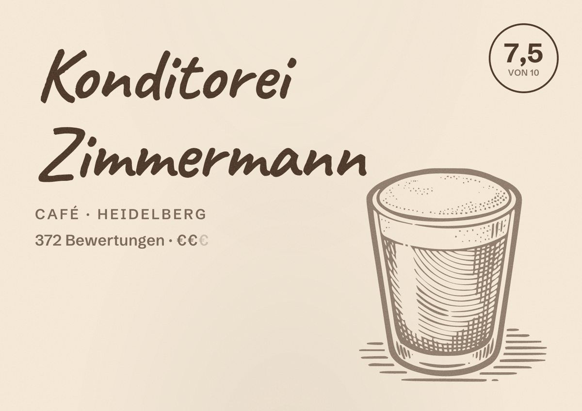 Illustriertes Poster von Konditorei Zimmermann, Café in Heidelberg: Bewertung 7,5 von 10 aus 372 Bewertungen, Preisniveau €€