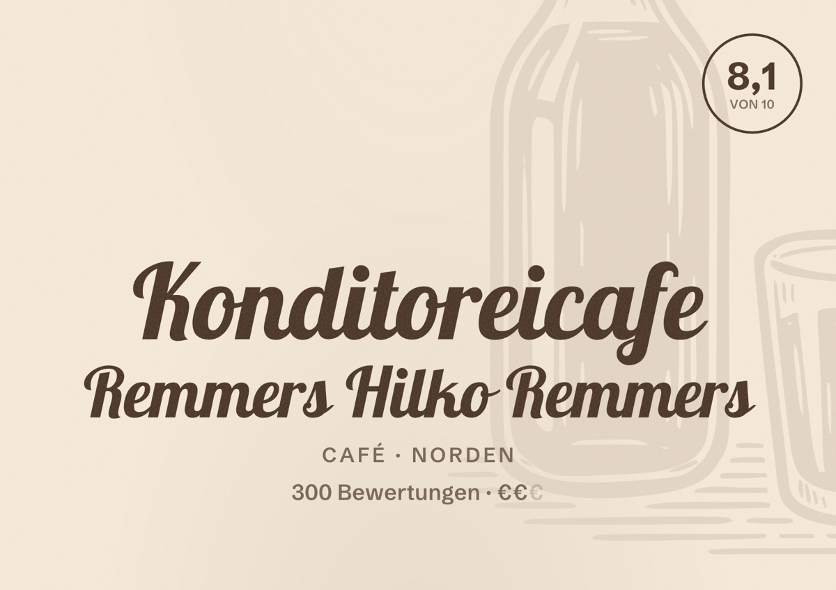 Illustriertes Poster von Konditoreicafe Remmers Hilko Remmers, Café in Norden: Bewertung 8,1 von 10 aus 300 Bewertungen, Preisniveau €€