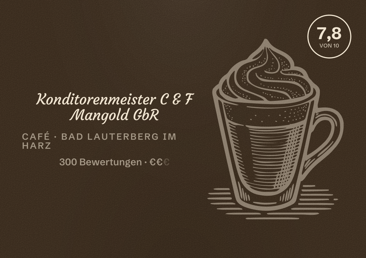 Illustriertes Poster von Konditorenmeister C & F Mangold GbR, Café in Bad Lauterberg im Harz: Bewertung 7,8 von 10 aus 300 Bewertungen, Preisniveau €€