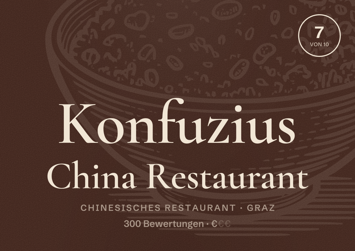 Illustriertes Poster von Konfuzius China Restaurant, Chinesisches Restaurant in Graz: Bewertung 7 von 10 aus 300 Bewertungen, Preisniveau €