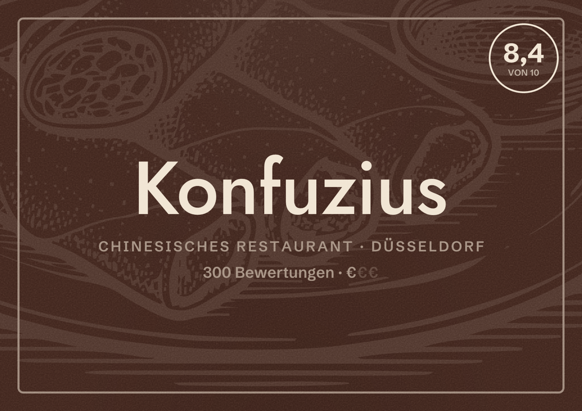 Illustriertes Poster von Konfuzius, Chinesisches Restaurant in Düsseldorf: Bewertung 8,4 von 10 aus 300 Bewertungen, Preisniveau €