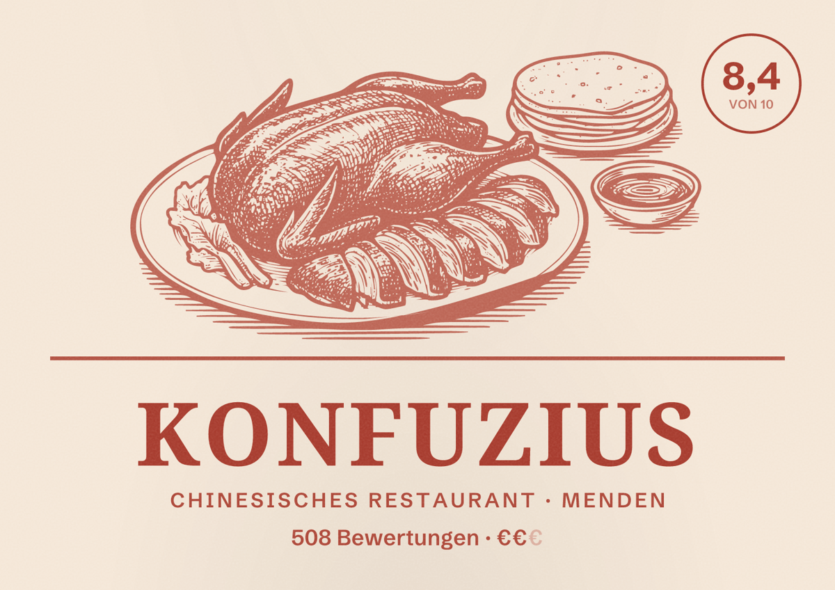 Illustriertes Poster von Konfuzius, Chinesisches Restaurant in Menden: Bewertung 8,4 von 10 aus 508 Bewertungen, Preisniveau €€