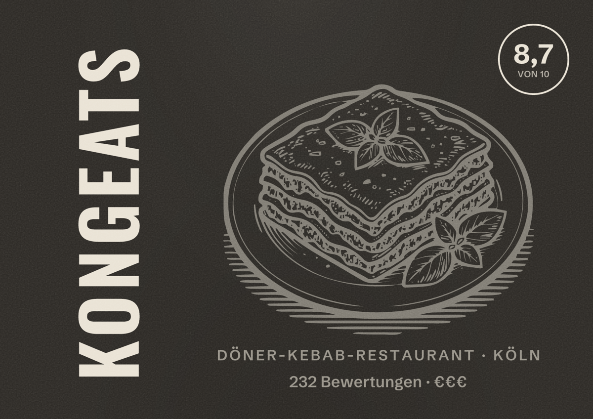 Illustriertes Poster von KongEats, Döner-Kebab-Restaurant in Köln: Bewertung 8,7 von 10 aus 232 Bewertungen, Preisniveau €€€