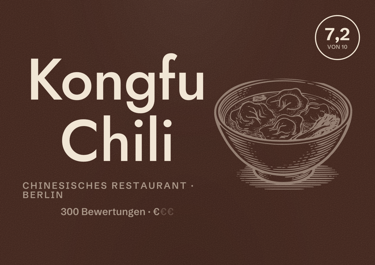Illustriertes Poster von Kongfu Chili, Chinesisches Restaurant in Berlin: Bewertung 7,2 von 10 aus 300 Bewertungen, Preisniveau €