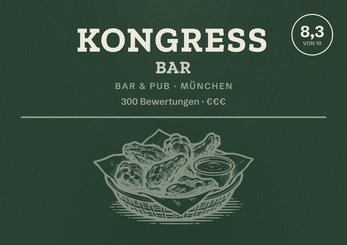 Illustriertes Poster von Kongress Bar, Bar & Pub in München: Bewertung 8,3 von 10 aus 300 Bewertungen, Preisniveau €€€