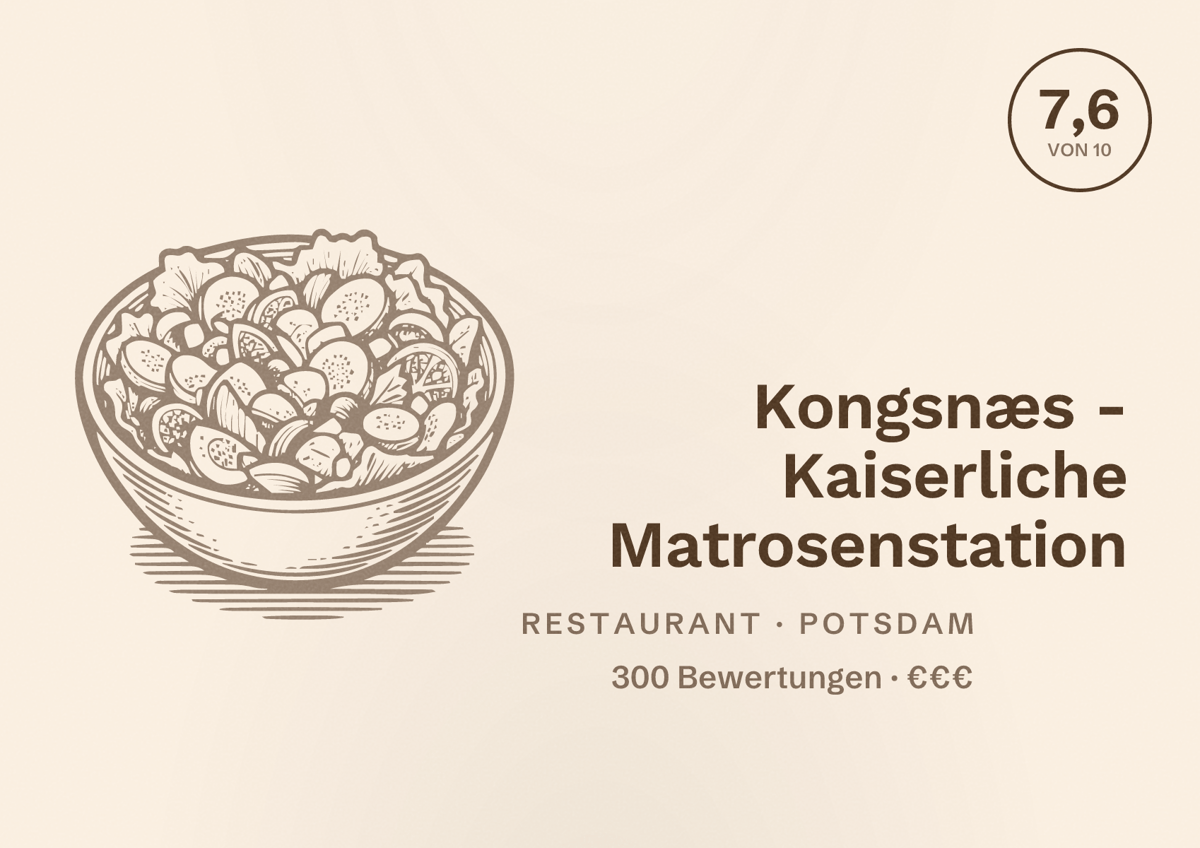 Illustriertes Poster von Kongsnæs - Kaiserliche Matrosenstation, Restaurant in Potsdam: Bewertung 7,6 von 10 aus 300 Bewertungen, Preisniveau €€€