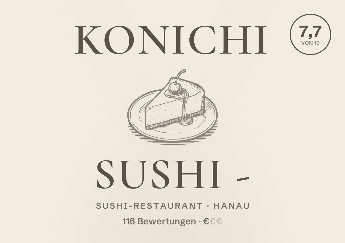 Illustriertes Poster von Konichi Sushi -, Sushi-Restaurant in Hanau: Bewertung 7,7 von 10 aus 116 Bewertungen, Preisniveau €