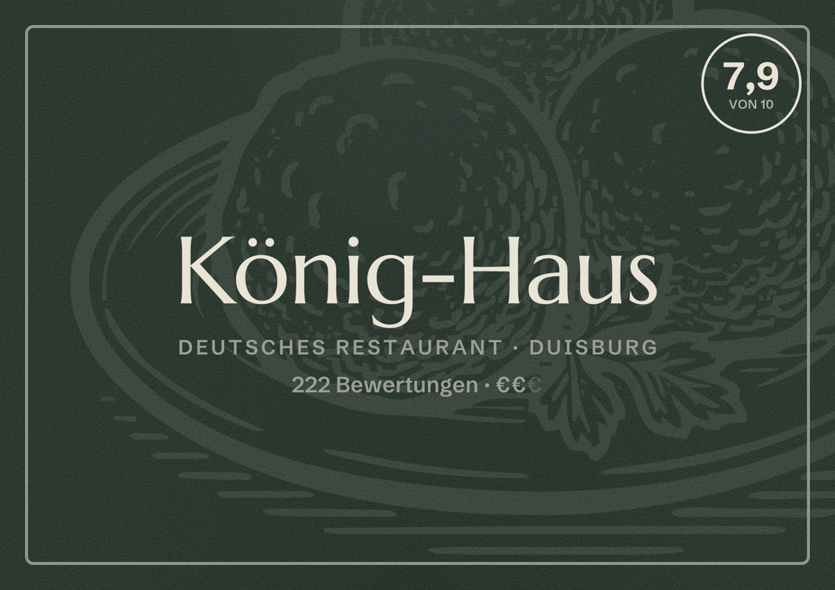 Illustriertes Poster von König-Haus, Deutsches Restaurant in Duisburg: Bewertung 7,9 von 10 aus 222 Bewertungen, Preisniveau €€